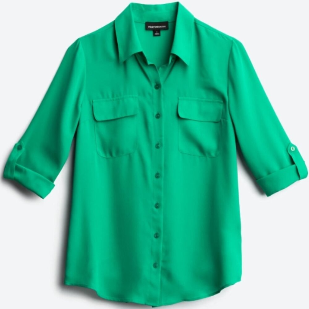 FORTUNE + IVY Christelle Two Pocket Blouse - Green - L